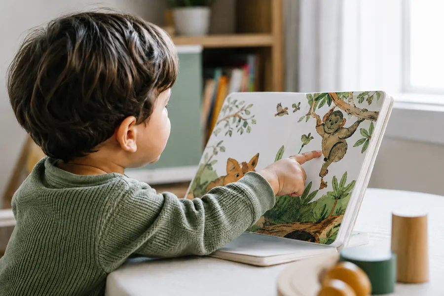 Criança apontando para figuras em um livro ilustrado