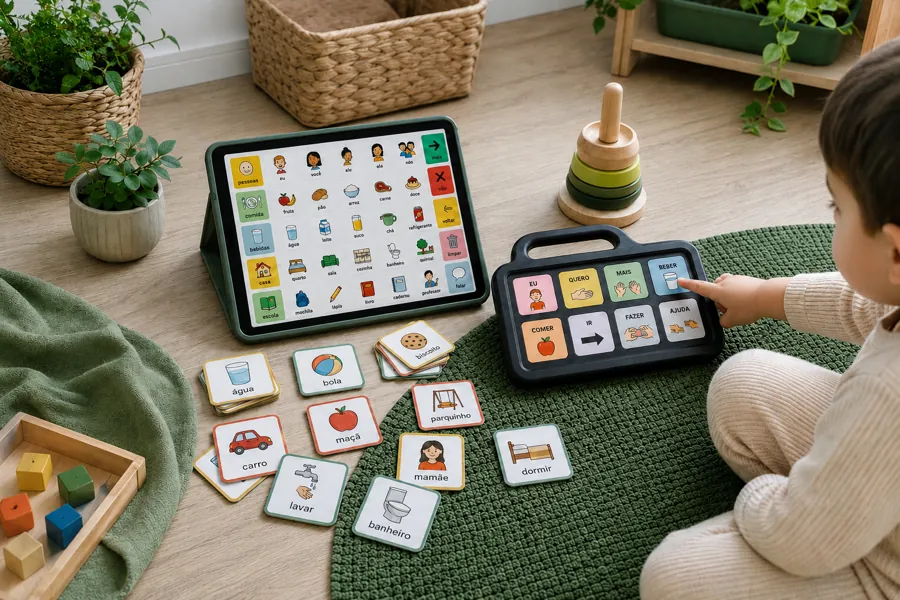 Criança usando pranchas de comunicação alternativa em um tablet
